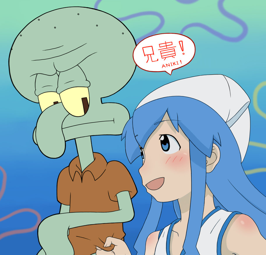 artist_request blue_eyes blue_hair crossover ikamusume shinryaku!_ikamusume spongebob_squarepants squidward_tentacles tentacle_hair