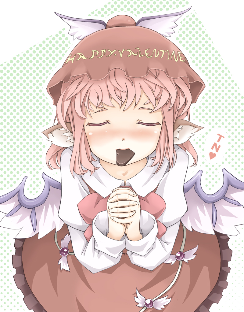 animal_ears blush chocolate chocolate_heart closed_eyes dress eyes_closed from_above halftone halftone_background hands_clasped hands_together happy_valentine hat heart incoming_kiss interlocked_fingers marujin mouth_hold mystia_lorelei pink_hair short_hair solo touhou valentine wings