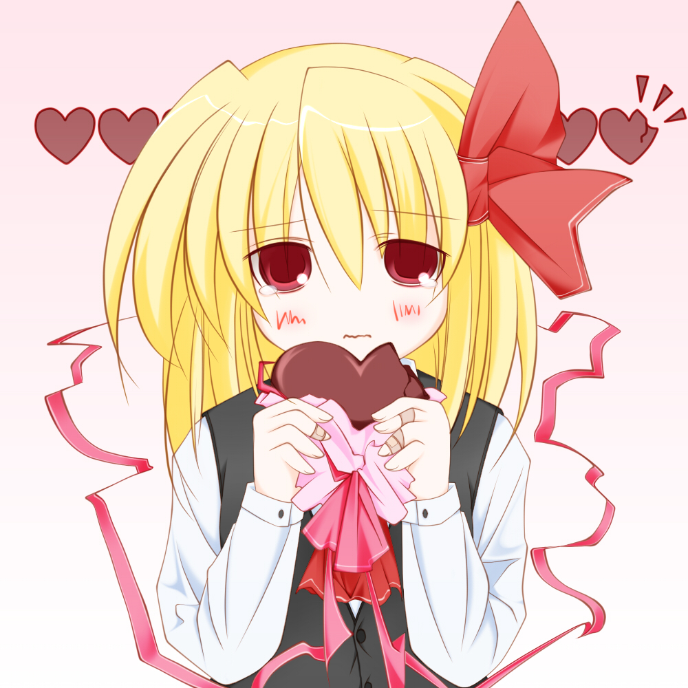 artist_request ascot atapon blonde_hair chocolate chocolate_heart eating hair_ribbon heart red_eyes ribbon rumia solo the_embodiment_of_scarlet_devil touhou valentine wavy_mouth youkai