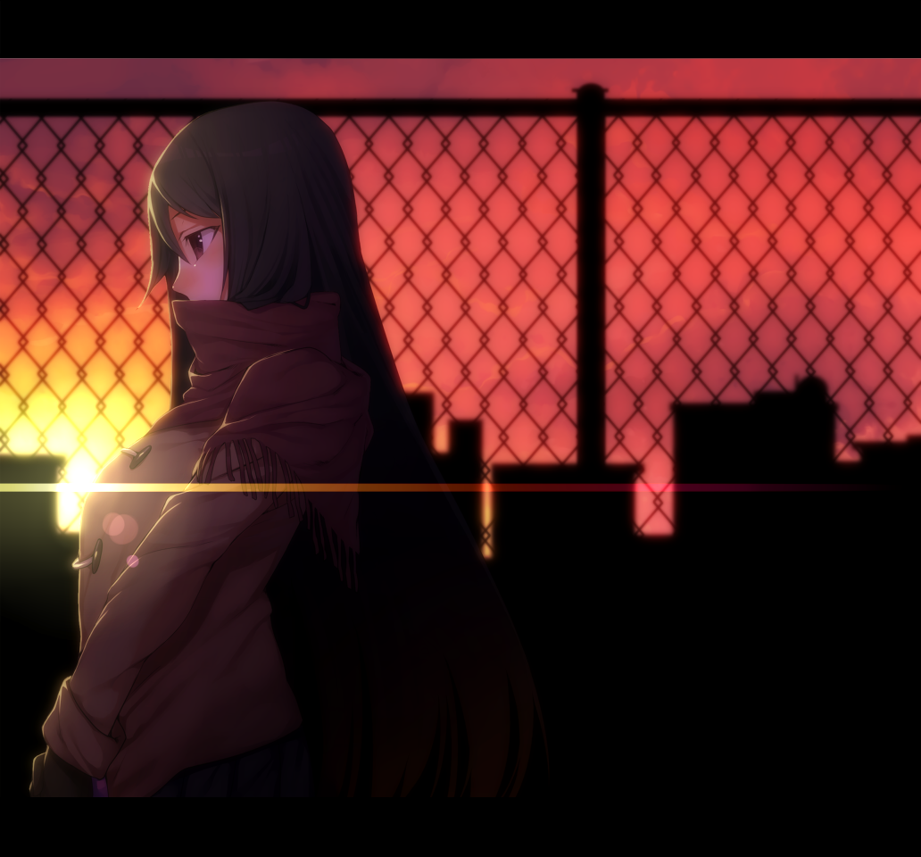 blush brown_eyes building chainlink_fence covering_mouth fence gloves jacket long_hair mouth_hidden original rby scarf shikihara_mitabi solo sunset