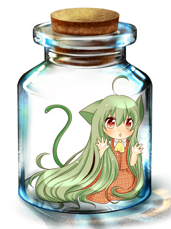 3d against_glass ahoge alternate_hairstyle animal_ears ascot bottle bottle_meme_(pixiv) brown_eyes cat_ears cat_tail chibi child girl_in_a_bottle girl_in_bottle green_hair in_bottle in_container kazami_yuuka kemonomimi_mode long_hair plaid plaid_skirt plaid_vest shii_(cocoa) simple_background skirt skirt_set solo tail touhou very_long_hair youkai