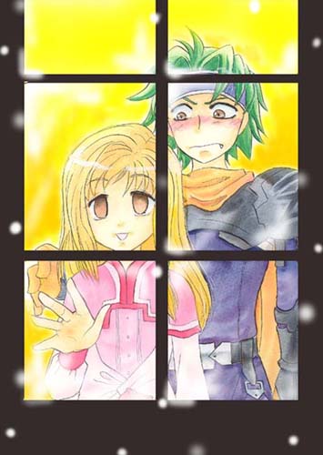 ahoge armor aura_(wild_arms) belt blonde_hair blush bodysuit brown_eyes couple fang frown gloves green_hair headband ichiro_akashiya long_hair lowres messy_hair pauldrons scarf shawl smile snow wild_arms wild_arms_alter_code_f window zed