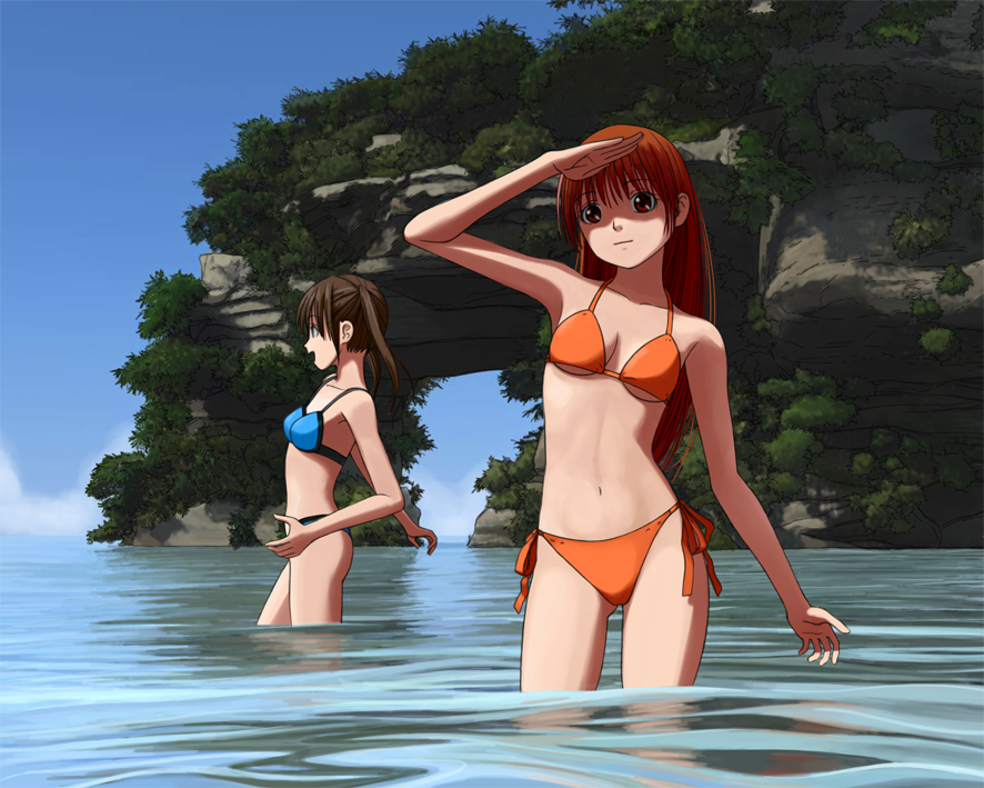 bikini brown_eyes brown_hair kotou_saburou long_hair multiple_girls nature ocean original shading_eyes submerged swimsuit twintails wading water