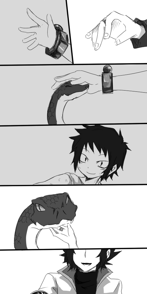 cobra_(fairy_tail) comic cuberios_(fairy_tail) cuffs fairy_tail hands long_image monochrome petting smile snake spiked_hair spiky_hair sunano tall_image young