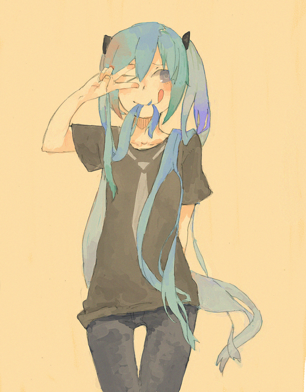 :p ;q aqua_eyes aqua_hair denim hair_in_mouth hatsune_miku highres jeans long_hair mizu_denpa seikan_hikou simple_background skinny_jeans solo t-shirt thigh_gap thighs tongue twintails v v_over_eye very_long_hair vocaloid wink