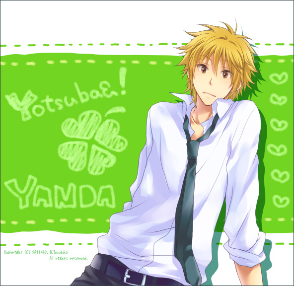 blonde_hair brown_eyes green heart male necktie riku-69 shirt short_hair solo white_shirt yanda yotsubato!
