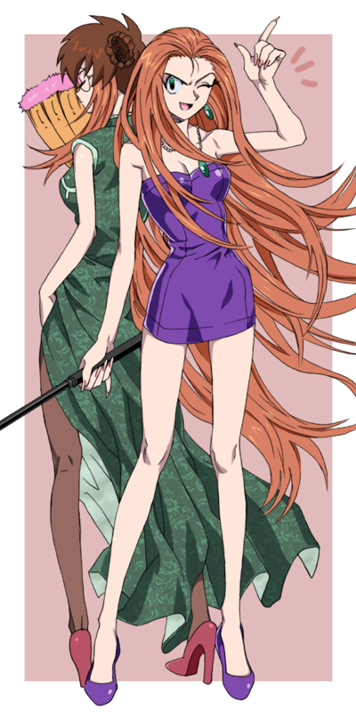 baton brown_hair china_dress chinese_clothes disguise dual_persona expandable_baton fan fingernails ghost_sweeper_mikami glasses green_eyes high_heels jewelry legs long_hair long_image michiru2 mikami_reiko minidress miniskirt open_mouth pantyhose pendant rod shoes skirt tall_image very_long_hair wink