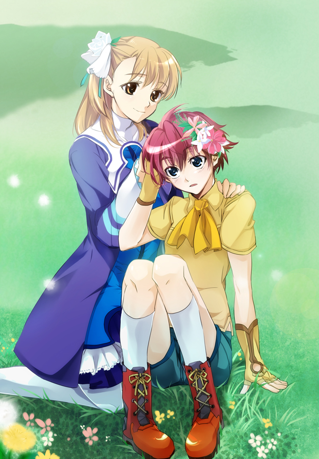 1girl ahoge blue_eyes brown_eyes brown_hair collar couple dress flower footwear gloves grass green_background hair_ornament hairpin hand_on_shoulder jude_maverick kneeling long_hair long_sleeves merii nature pantyhose purple_dress red_hair redhead ribbon shirt shoes shorts smile socks white_legwear white_pantyhose wild_arms wild_arms_4 yulie_ahtreide