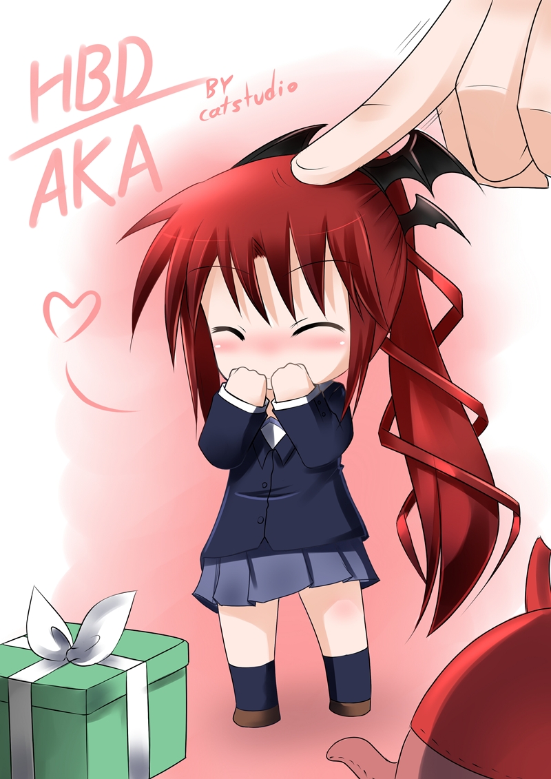 blush box catstudio_(artist) chibi closed_eyes copyright_request eyes_closed gift gift_box hands_on_cheeks hands_on_own_face heart long_hair minigirl petting ponytail red_hair redhead school_uniform solo very_long_hair wings