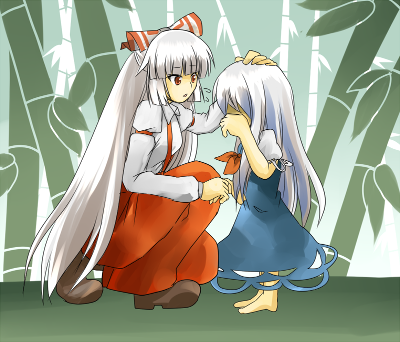 bamboo bamboo_forest barefoot bow child dress forest fujiwara_no_mokou hair_bow hair_ribbon kamishirasawa_keine long_hair multiple_girls nature pakuchii pants petting red_eyes ribbon silver_hair suspenders tears touhou very_long_hair white_hair young