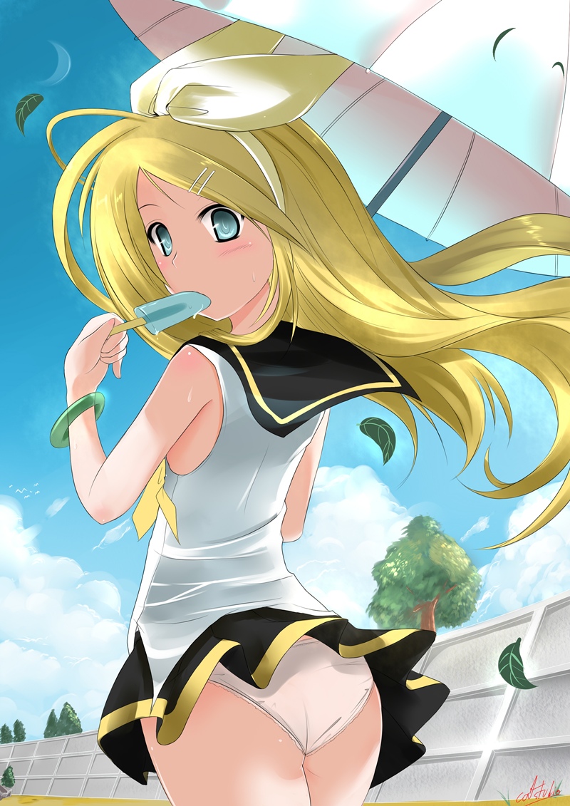 alternate_hairstyle ass blonde_hair blue_eyes bracelet catstudio_(artist) cloud clouds crescent_moon drop dropping from_behind hair_ornament hair_ribbon hairclip hairpin icicle jewelry kagamine_rin leaf long_hair looking_back moon panties parasol pink_panties pinky_out popsicle ribbon signature skirt_up sky solo sweat tree umbrella underwear vocaloid wind wind_lift
