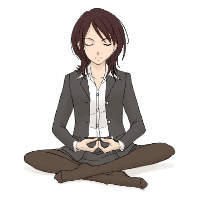 amagami brown_hair closed_eyes dhyana_mudra feet formal indian_style lowres meditation mudra no_shoes pantyhose simple_background sitting skirt_suit solo suit takahashi_maya white_background