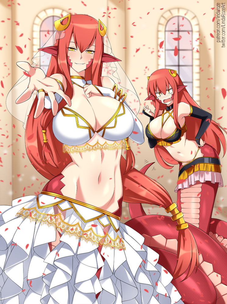 2girls bangs bare_shoulders black_gloves breasts bridal_gauntlets bride commentary commission elbow_gloves english_commentary fangs gloves groin hair_between_eyes hand_on_hip hand_on_own_chest huge_breasts indoors lamia large_breasts lindaroze long_hair looking_at_viewer low-tied_long_hair miia's_mother miia_(monster_musume) monster_girl monster_musume_no_iru_nichijou mother_and_daughter multiple_girls navel open_mouth outstretched_arm petals pointy_ears redhead rose_petals smile stomach veil very_long_hair web_address white_gloves yellow_eyes