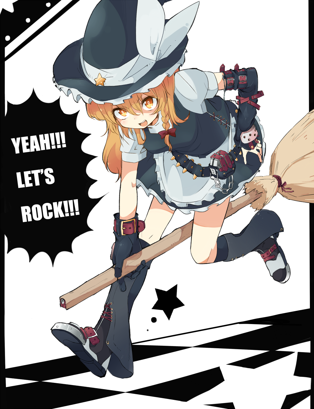 :d adapted_costume belt blonde_hair boots border broom broom_riding bullet chain chains checkered checkered_floor elbow_gloves english gloves hand_on_hip hat hibiglasses highres hips kirisame_marisa open_mouth smile solo star touhou witch witch_hat yellow_eyes