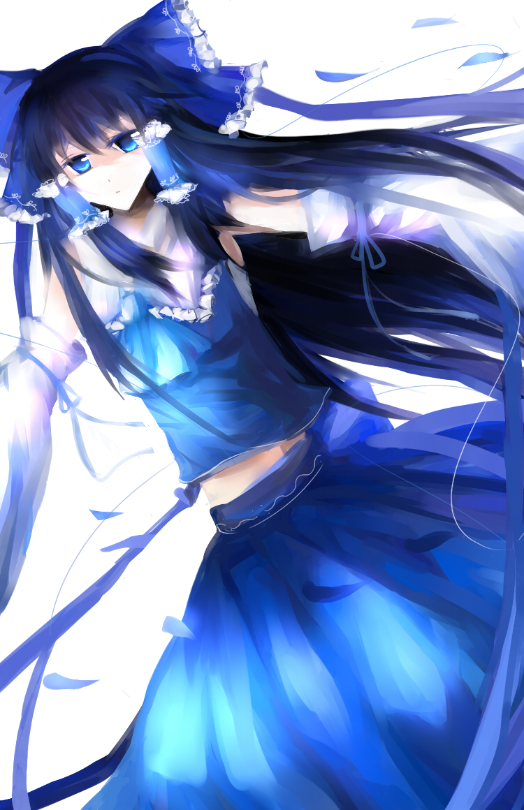 alternate_color bad_id black_hair blue blue_eyes bow detached_sleeves hair_bow hair_tubes hakurei_reimu long_hair miko outstretched_arms player_2 solo spread_arms sylier touhou very_long_hair