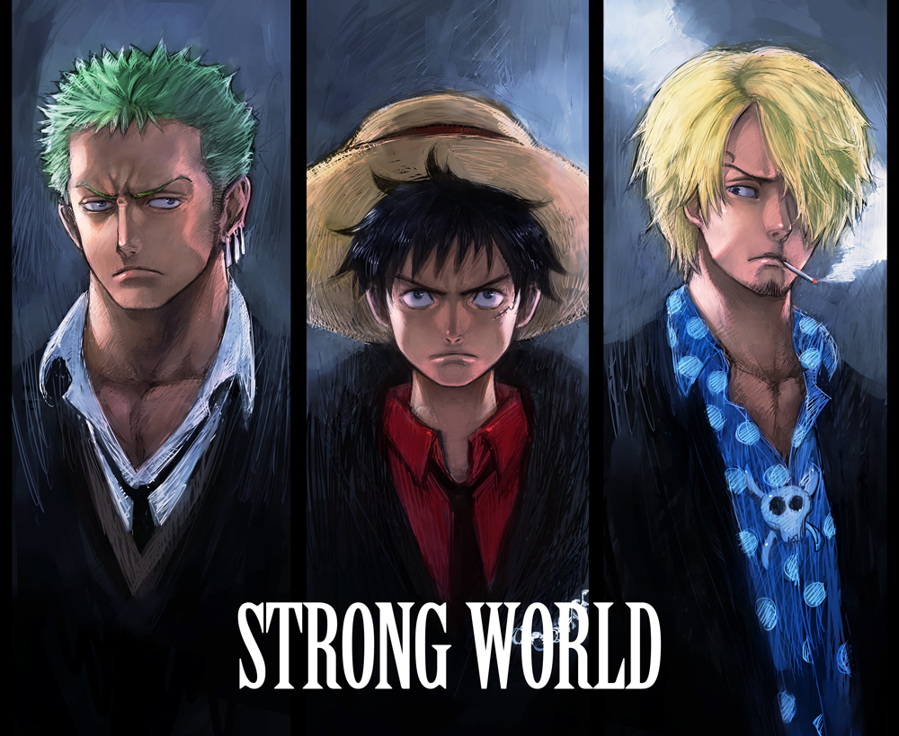 angry black_eyes black_hair blonde_hair bolo_tie boyaking cigarette earrings facial_hair formal goatee green_hair hair_over_one_eye hat jewelry male monkey_d_luffy multiple_boys necktie one_piece one_piece:_strong_world polka_dot red_shirt roronoa_zoro sanji scar simple_background smoking spiked_hair spiky_hair standing straw_hat