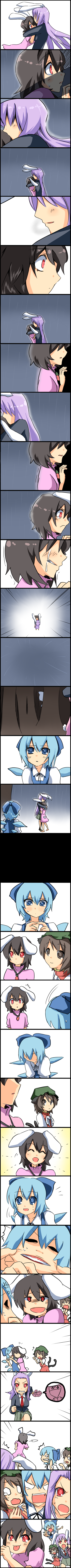 :p absurdres anger_vein animal_ears blazer blue_eyes blue_hair bow brown_eyes brown_hair bunny_ears bunny_tail carrot cat_ears cat_tail chen cirno comic dress earrings fairy hair_bow hat hiding highres hug inaba_tewi jewelry long_hair long_image multiple_girls multiple_tails naze necktie purple_hair rain red_eyes reisen_udongein_inaba running short_hair silent_comic skirt smile stretch tail tall_image teardrop tears tongue touhou very_long_hair wavy_mouth wings