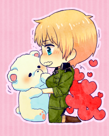 animal axis_powers_hetalia bear blonde_hair blue_eyes blush boots chibi cross female genderswap germany_(hetalia) girl heart hold kneeling large_breasts military_uniform rolled_up_sleeves short_hair stripes trembling uniform