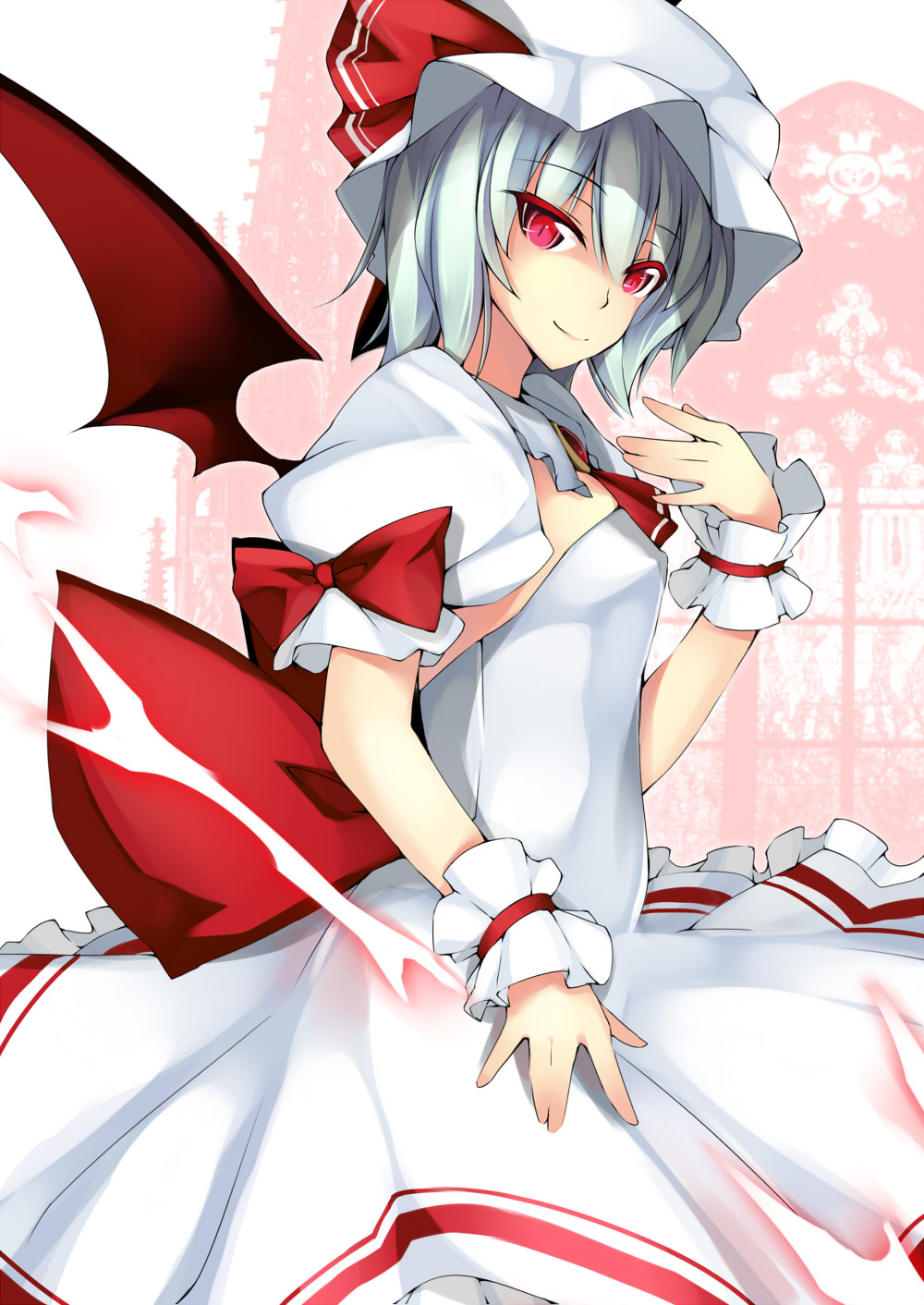 ascot bat_wings blue_hair brooch castle dean dress hat highres jewelry red_eyes remilia_scarlet short_hair slit_pupils solo touhou wings wrist_cuffs