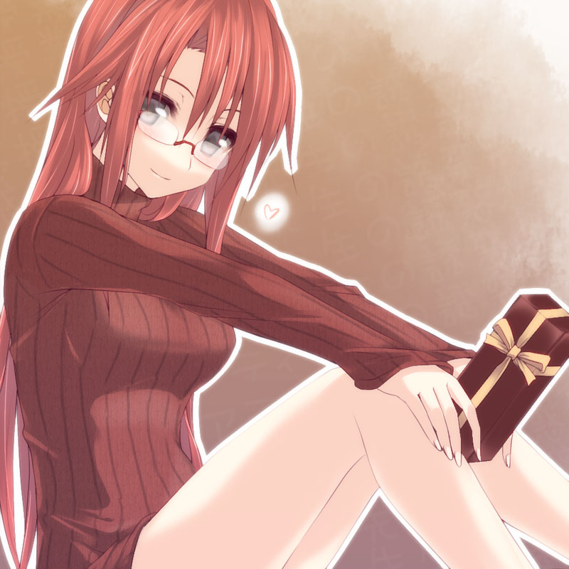bottomless gift glasses grey_eyes heart holding holding_gift red_hair redhead ribbed_sweater silve summon_night summon_night_3 sweater valentine