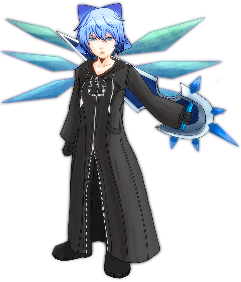 bad_id blue_hair bow cirno cosplay gloves hair_bow kingdom_hearts kotubu organization_xiii power_connection shield short_hair simple_background solo touhou transparent_background vexen vexen_(cosplay)
