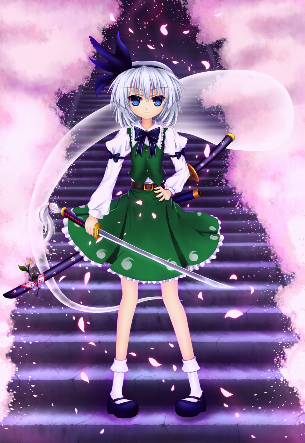 belt blue_eyes cherry_blossoms ghost hairband highres hitodama katana konpaku_youmu konpaku_youmu_(ghost) scabbard sheath short_hair silver_hair solo stairs standing sword touhou vest weapon zzz36951