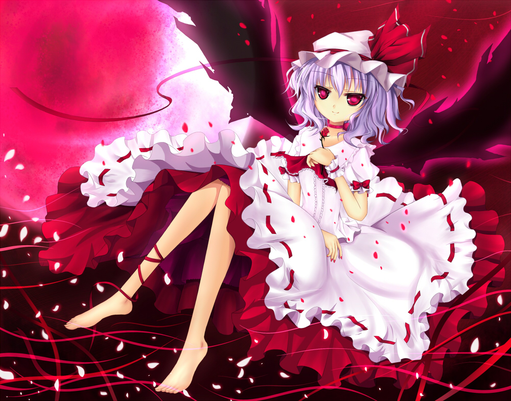 barefoot blue_hair choker dress feet flower full_moon hat moon petals red_eyes red_moon red_rose remilia_scarlet rose rose_petals solo touhou wings wrist_cuffs zzz36951