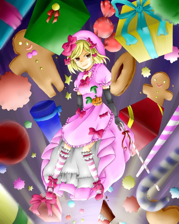 bow brown_eyes candy candy_cane doughnut elbow_gloves gift gingerbread_man gloves hair_bow hair_ornament hair_ribbon hairclip hat jewelry lambdadelta necklace ribbon solo star striped striped_legwear striped_thighhighs thigh-highs thighhighs tia122 umineko_no_naku_koro_ni what_is_this,_candyland?