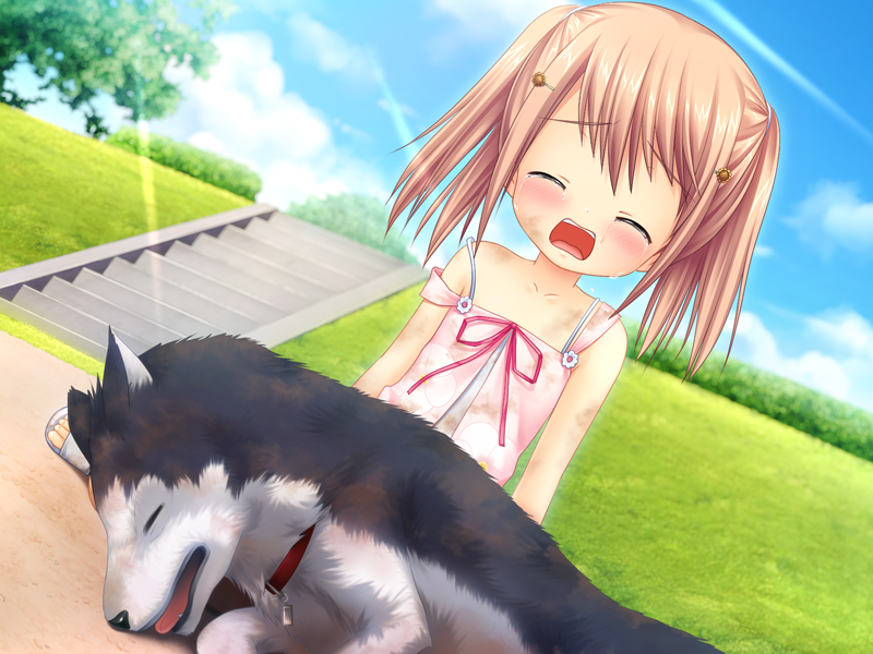 arizuki_shiina bad_end blush closed_eyes cloud clouds collar crying death dirty dog dress eyes_closed game_cg grass hair_ornament husky kud_wafter little_busters!! na-ga open_mouth orange_hair pet ribbon sad sand sandals short_hair sky strelka sundress tears tree twintails