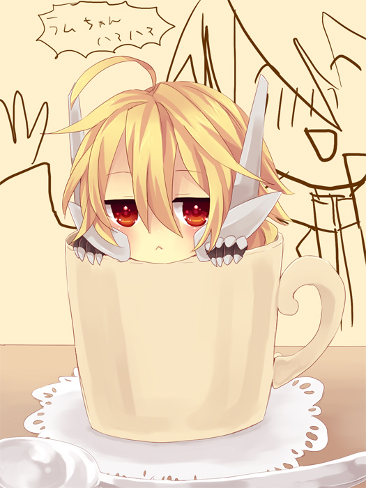 ahoge blazblue blonde_hair chibi cup girl_in_a_cup in_container in_cup lambda-11 minigirl ragna_the_bloodedge red_eyes yuya_(artist)
