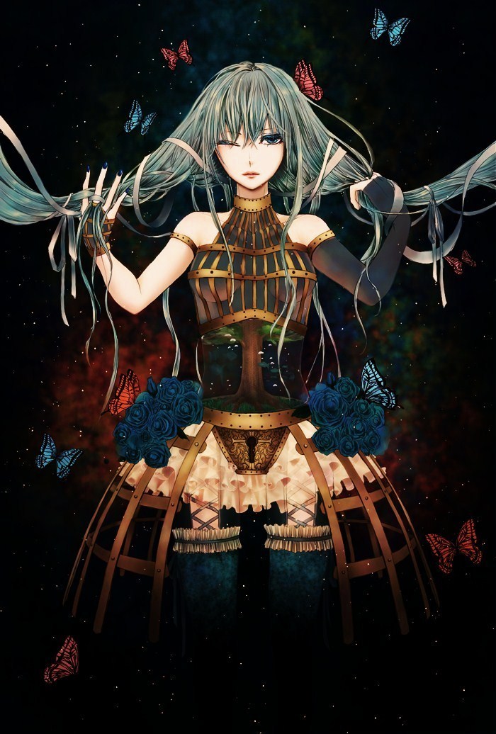 aqua_eyes aqua_hair black_rose black_rose_(flower) butterfly cage elbow_gloves fingerless_gloves flower gloves hatsune_miku keyhole lock nail_polish necktie rose solo thigh-highs thighhighs tree twintails vocaloid wink