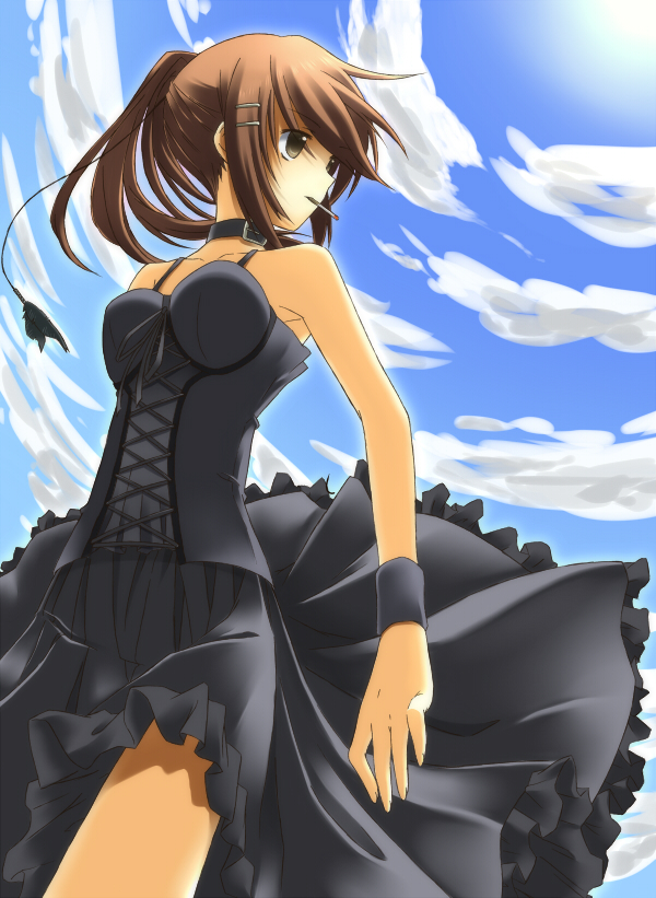 breasts brown_eyes brown_hair chirosuke_(nameless) cigarette cloud clouds collar cuffs dress hair_ornament hairclip minakami_yuki ponytail sky smoking solo subarashiki_hibi