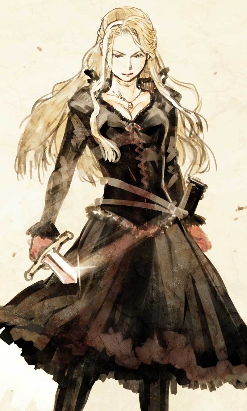 catiua_powell character_request cleavage corset dagger highres kishizuka_kenji long_dress long_hair sepia solo sword tactics_ogre weapon