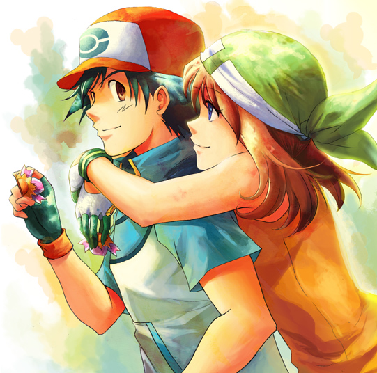 couple haruka_(pokemon) hug hugging pokemon pokemon_(anime) ribbon satoshi_(pokemon)