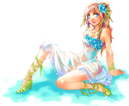 armpits bare_shoulders blue_eyes bracelet brown_hair dress flower hair_ornament hair_ribbon hairpin high_heels jewelry lipstick long_hair lowres payot ribbon shoes sitting smile solo typhoon_sanctuary virginia_maxwell wild_arms wild_arms_3