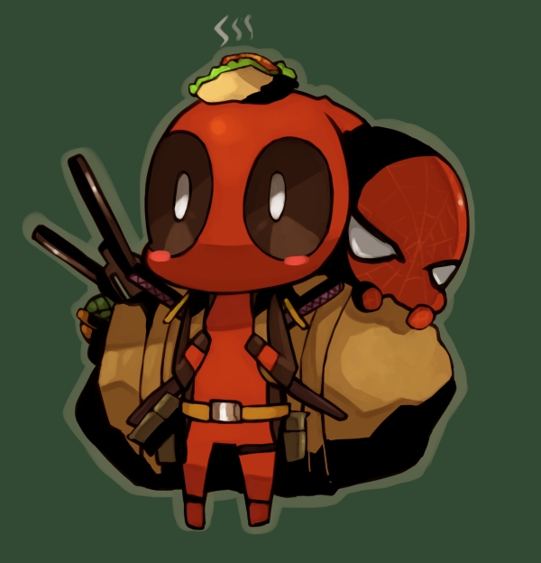 bad_id bag blush_stickers chibi deadpool kei_(ritoru2468) marvel randoseru spider-man sword taco weapon