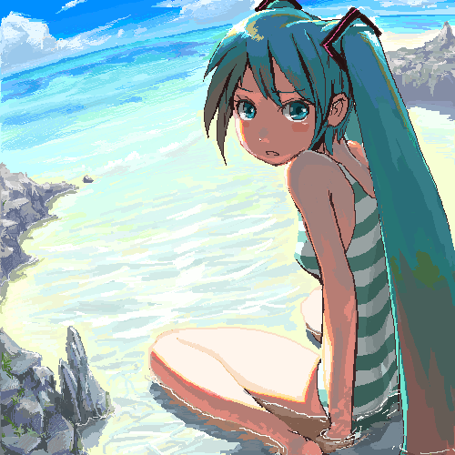 aqua_eyes aqua_hair arm_support bad_id bare_shoulders barefoot blush_stickers casual_one-piece_swimsuit cloud dutch_angle fisheye from_behind hashimoto_(sunehari0109) hatsune_miku heus_(nuntarou) horizon long_hair looking_back lowres ocean oekaki one-piece_swimsuit pixel_art shade sitting sky solo striped striped_swimsuit swimsuit very_long_hair vocaloid wariza water