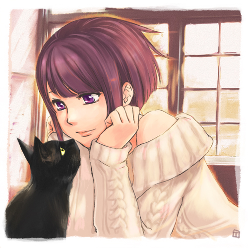 black_cat_(animal) cat copyright_request iori_tabasa lowres purple_eyes purple_hair short_hair solo violet_eyes
