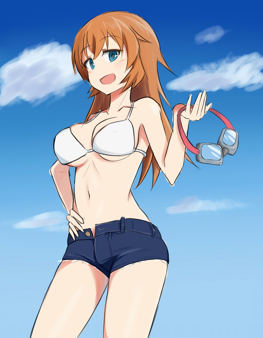 bikini_top blue_eyes breasts charlotte_e_yeager cutoffs goggles hand_on_hip hips long_hair navel open_fly open_mouth orange_hair short_shorts shorts sky solo strike_witches under_boob underboob unzipped