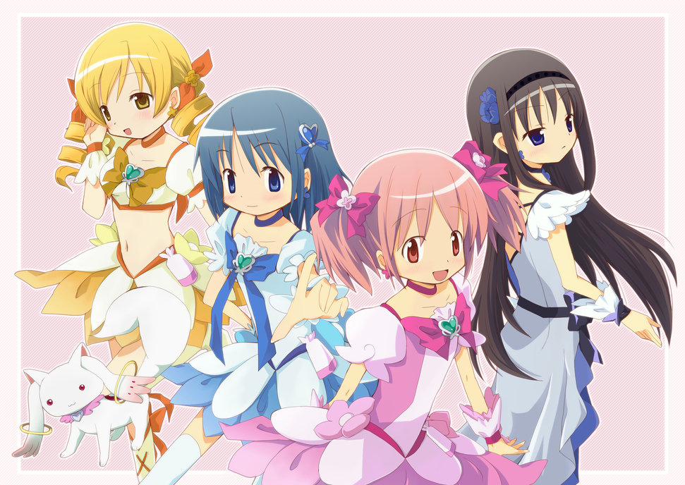 akemi_homura black_hair blonde_hair blue_dress blue_eyes blue_hair bow chypre_(heartcatch_precure!) color_connection cosplay cure_blossom cure_blossom_(cosplay) cure_marine cure_marine_(cosplay) cure_moonlight cure_moonlight_(cosplay) cure_sunshine cure_sunshine_(cosplay) dress drill_hair hair_bow hairband heartcatch_precure! kaname_madoka kyubey kyuubee long_hair magical_girl mahou_shoujo_madoka_magica miki_sayaka multiple_girls navel nora-toro orange_dress pink_dress pink_hair precure purple_background purple_dress purple_eyes short_hair short_twintails shypre shypre_(cosplay) skirt thighhighs tomoe_mami twin_drills twintails violet_eyes yellow_eyes