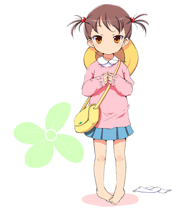 barefoot brown_hair child feet footwear hair_bobbles hair_ornament hat kindergarten looking_at_viewer original school_hat short_twintails skirt socks solo take_(office-t) twintails yellow_eyes