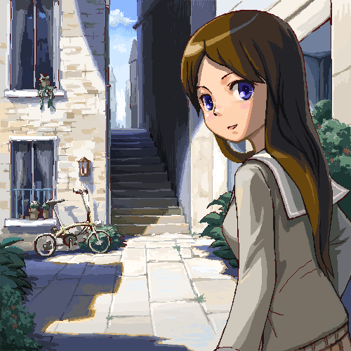 bicycle brown_hair cloud from_behind hashimoto_(sunehari0109) heus_(nuntarou) long_hair looking_back lowres oekaki original plaid plant potted_plant purple_eyes school_uniform shade skirt sky solo stairs sunlight tartan town violet_eyes