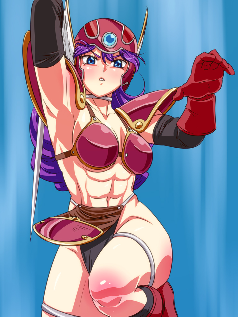 armor bikini_armor blue_eyes breasts cleavage dragon_quest dragon_quest_iii elbow_gloves gloves helmet huracan muscle purple_hair soldier_(dq3) solo sword weapon