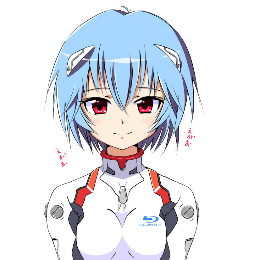 bad_id blu-ray blue_hair breasts cleavage clothes_writing clothing_writing neon_genesis_evangelion plugsuit pun red_eyes short_hair take_(office-t)