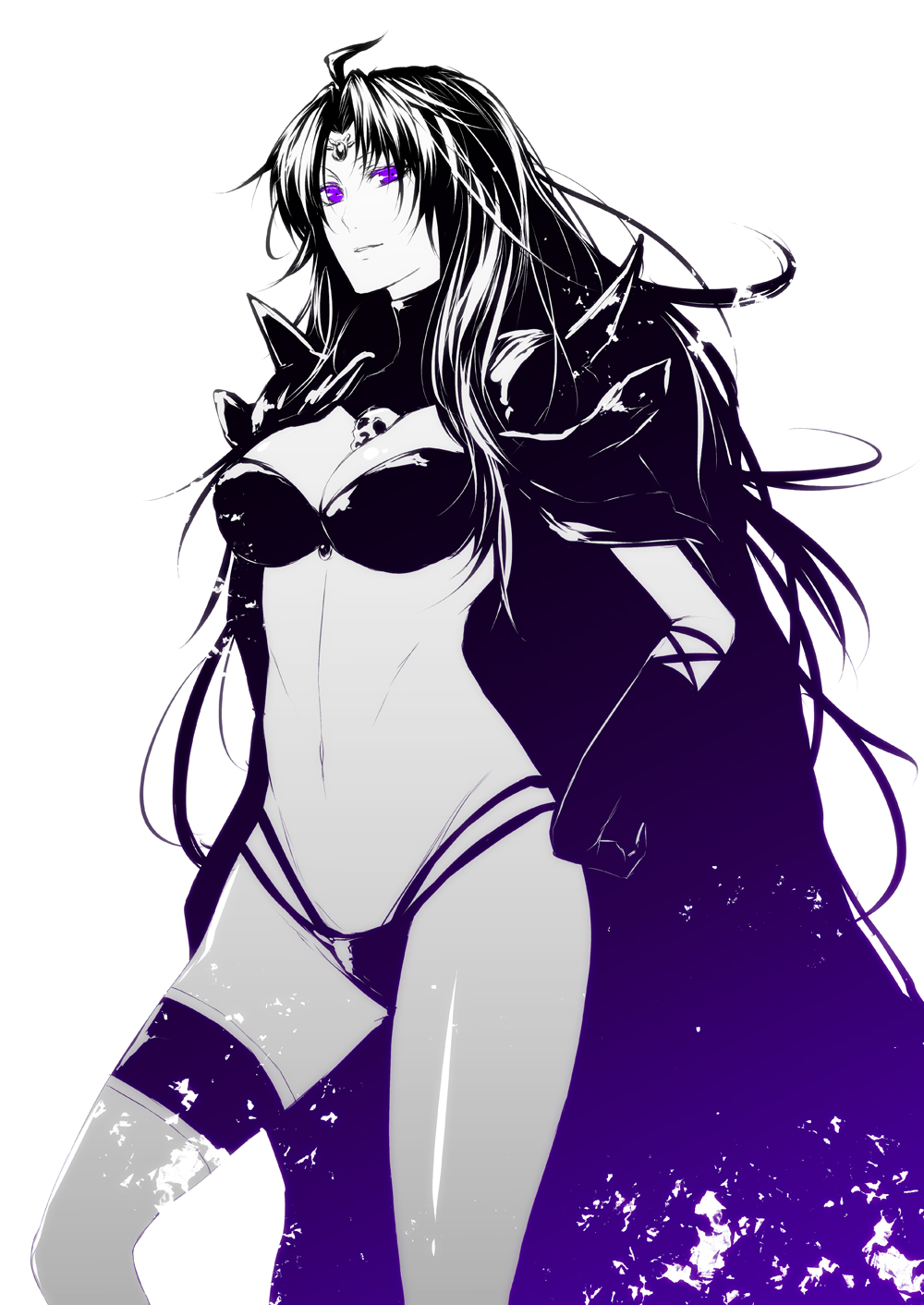 black_hair breasts cape cleavage hand_on_hip highres hips large_breasts long_hair monochrome naga_the_serpent purple_eyes s_tanly skull slayers solo spikes spot_color violet_eyes