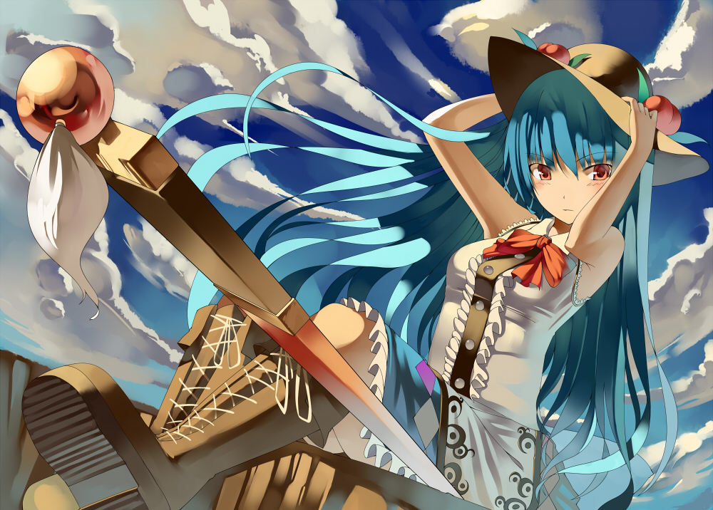 adapted_costume adjusting_hat bare_shoulders blue_hair boots cloud clouds cross-laced_footwear dress food fruit hands_on_hat hat hinanawi_tenshi kureha_(ironika) lace-up_boots long_hair peach red_eyes sitting sky sleeveless sleeveless_dress solo sun_hat sword sword_of_hisou tassel touhou weapon