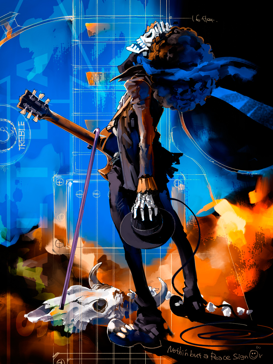 black_hair bones brook bull cane cow electric_guitar english formal guitar hat highres holy_clothes instrument male one_piece pomodorosa risa_hibiki scarf skeleton skull solo suit torn_clothes