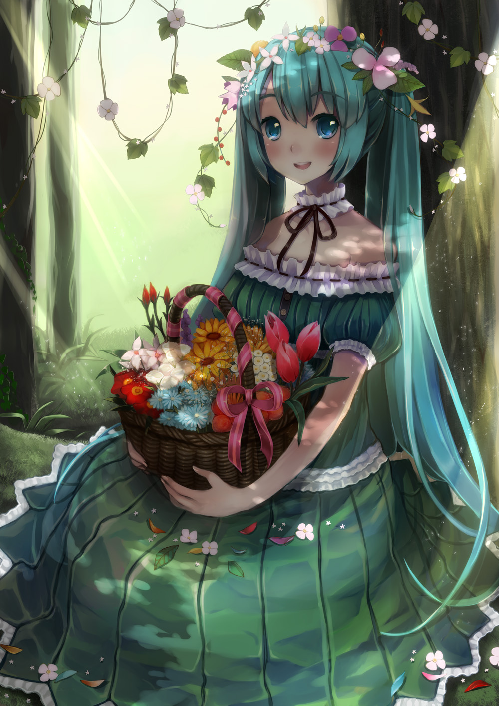 aqua_eyes aqua_hair bare_shoulders basket blush choker dress flower forest grass hair_flower hair_ornament hatsune_miku highres long_hair nature petals sitting smile solo strapless_dress sunbeam sunlight sususuyo suzushiro_sayu tree tree_shade twintails very_long_hair vocaloid