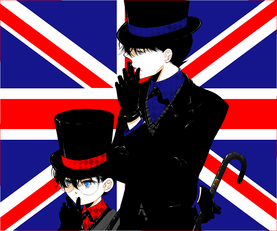 black_hair blue_eyes blue_shirt bowtie cane detective_conan dual_persona edogawa_conan flag formal frown glasses gloves hat kudou_shin'ichi kudou_shinichi male meitantei_conan multiple_boys red_shirt stick suit tennen_hz top_hat union_jack united_kingdom vest walking young