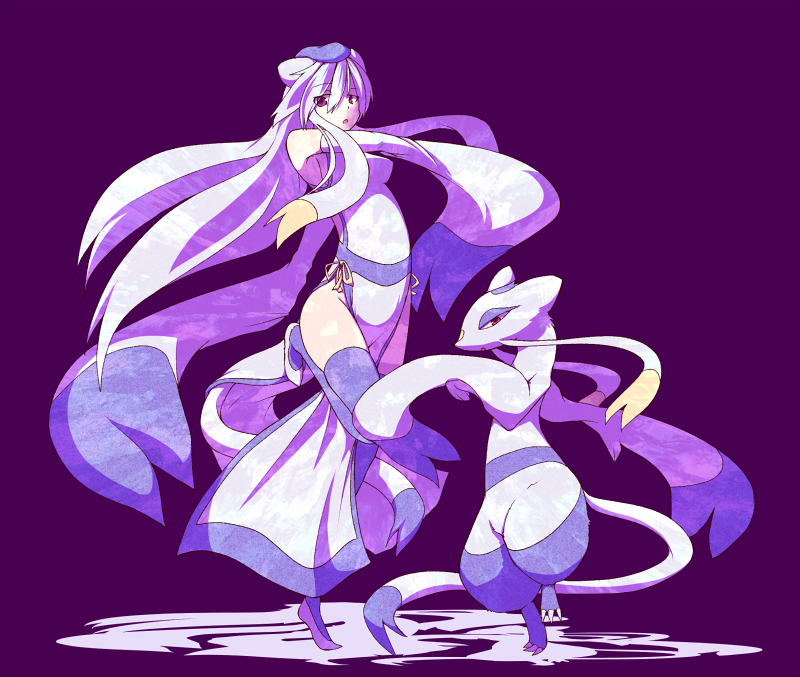 1girl china_dress chinese_clothes fighting_stance hat kojondo kuromiya long_hair long_sleeves mienshao moemon no_panties personification pokemon pokemon_(creature) pokemon_(game) pokemon_black_and_white pokemon_bw red_eyes shoes silver_hair solo tail thigh-highs thighhighs